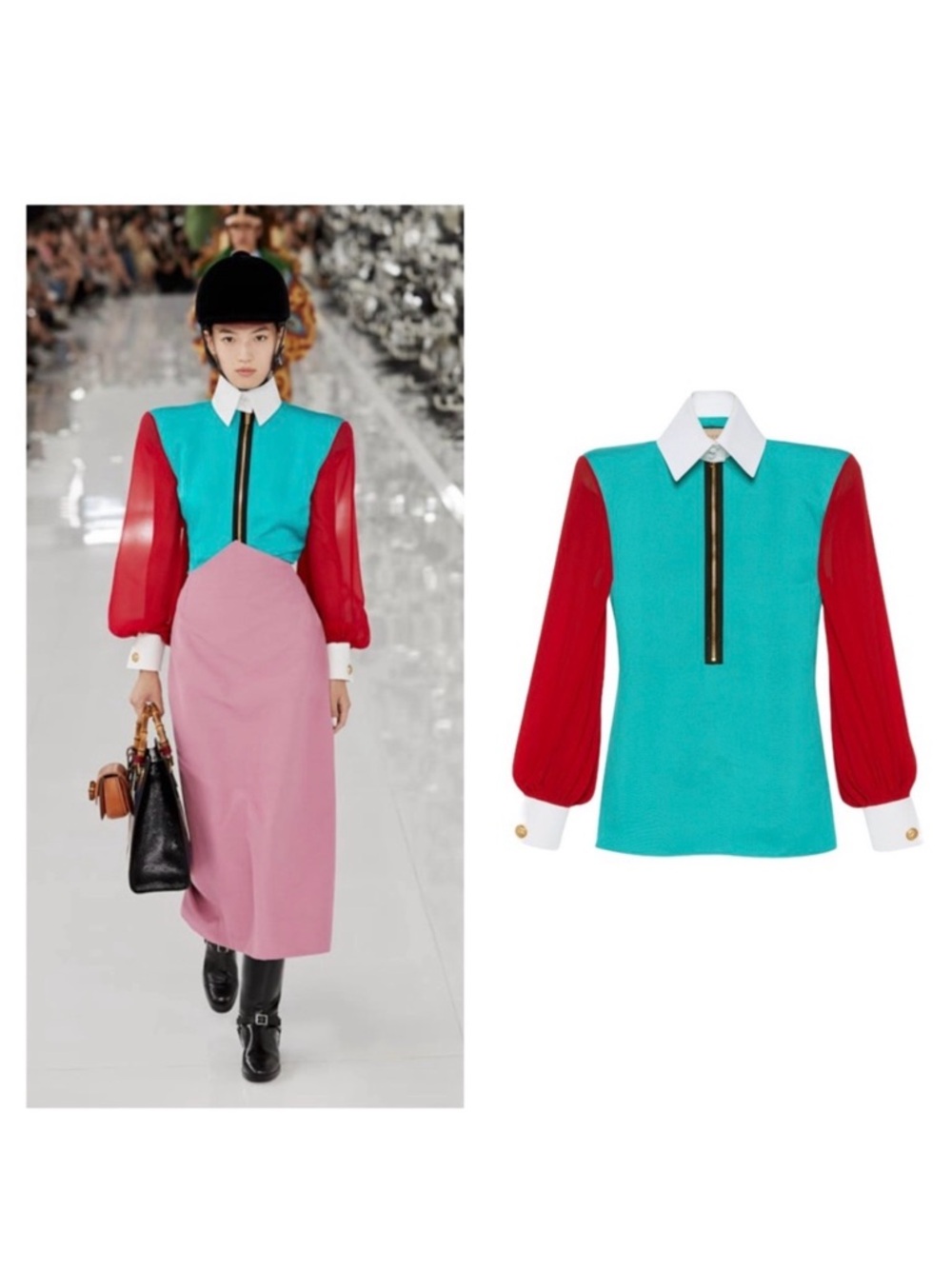 Gucci Turquoise Blue Red Blouse Colorblock Zip Front XXS US 0 No Collar 🟡